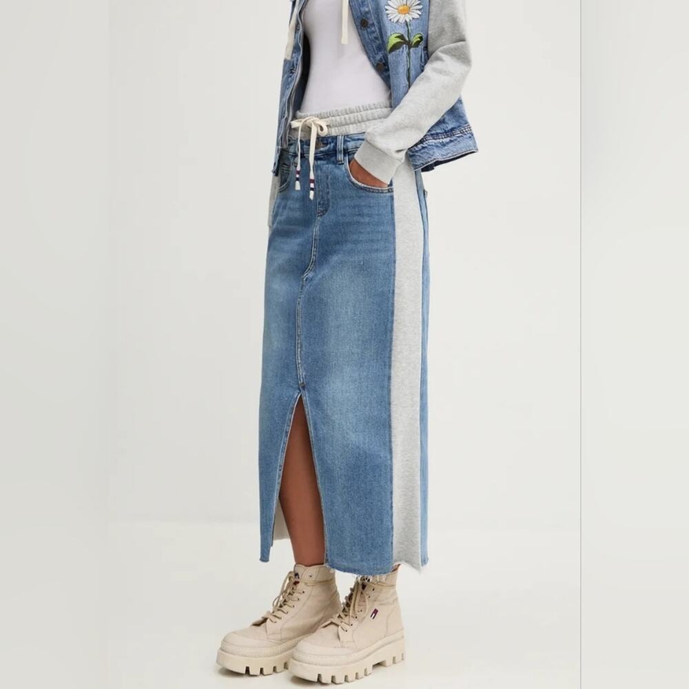 DESIGUAL Denim Hybrid Midi Skirt With Slit And Pockets Artsy Size Small - Picture 8 of 16